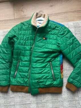 Aviator Nation Green Quilted Puffer Jacket with Rainbow Accents